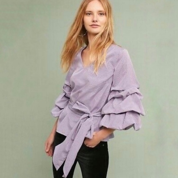 Anthropologie Sunday In Brooklyn Clowncore Shirt Size Medium Purple Gingham Pouf - Picture 1 of 6